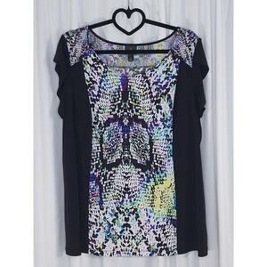 Worthington 1X Blouse Flutter Sleeve Abstract Print Stretch Black Panel Top